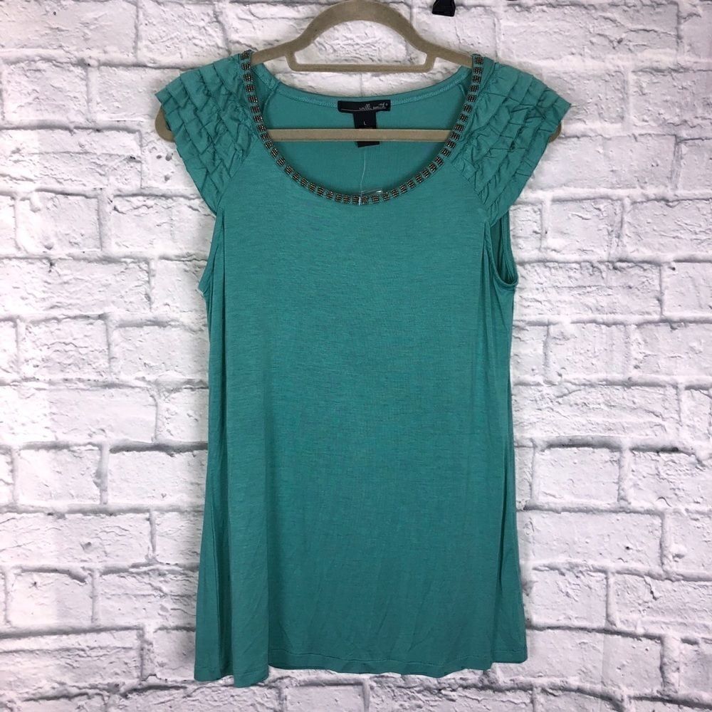 Willi smith ruffle sleeve top w/beaded neckline  girls teal sz LG